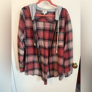 BKE Pink and Black Plaid Hooded Shirt